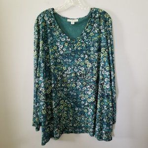 Emaline Woman V Neck Green Floral Lined Flowy Lightweight Sheer Sleeves Top 2X
